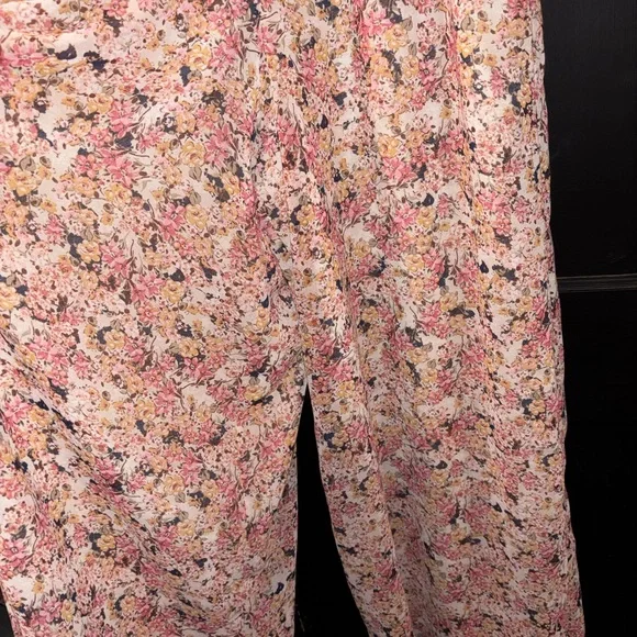 MSK Pink Multi Floral Ruffle Sleeve Wide Leg Jumpsuit Size XL Elastic Waist - Picture 7 of 10
